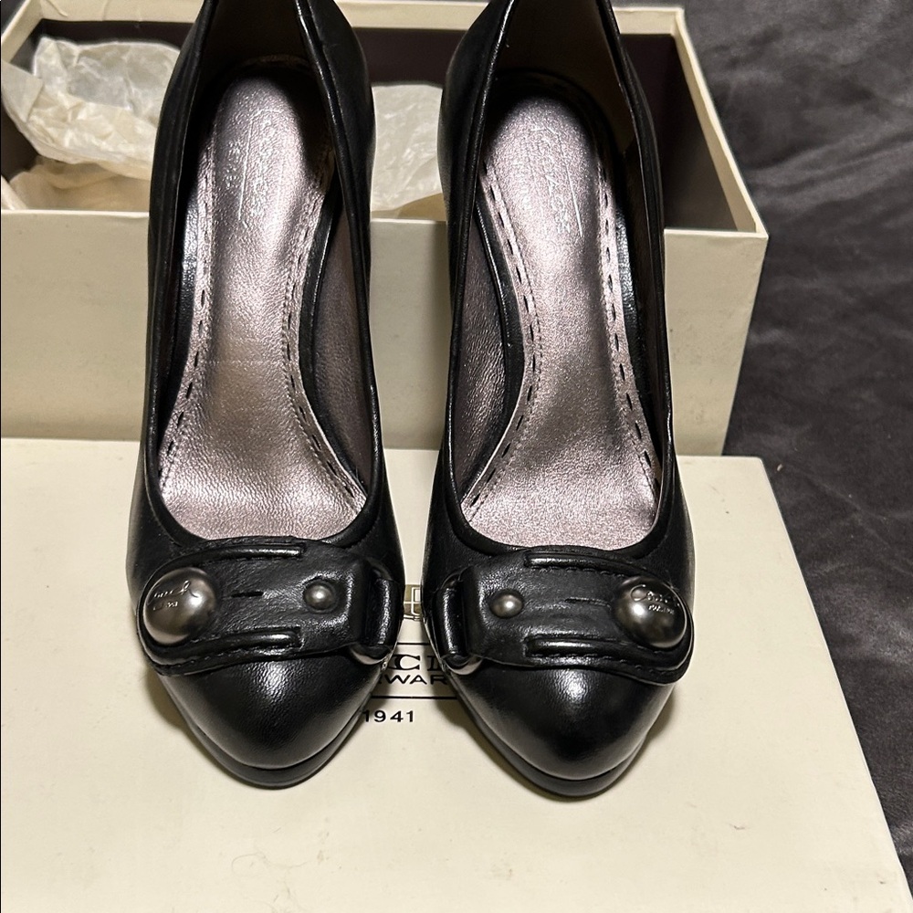 Coach Black Pointed Toe Leather Pumps with Decorative Button Detail - Picture 5 of 8